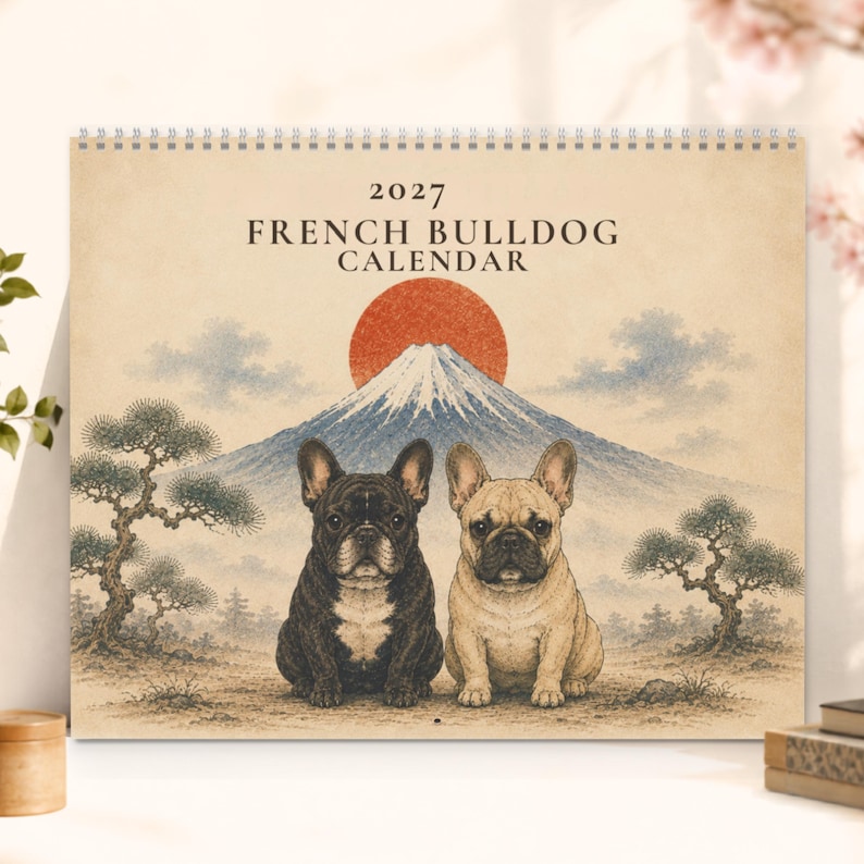 2027 French Bulldog Wall Calendar, Frenchie Calendar, Japanese Art Dog Calendar, Vintage Ukiyo-e Inspired Decor, Dog Lover Gift image 1