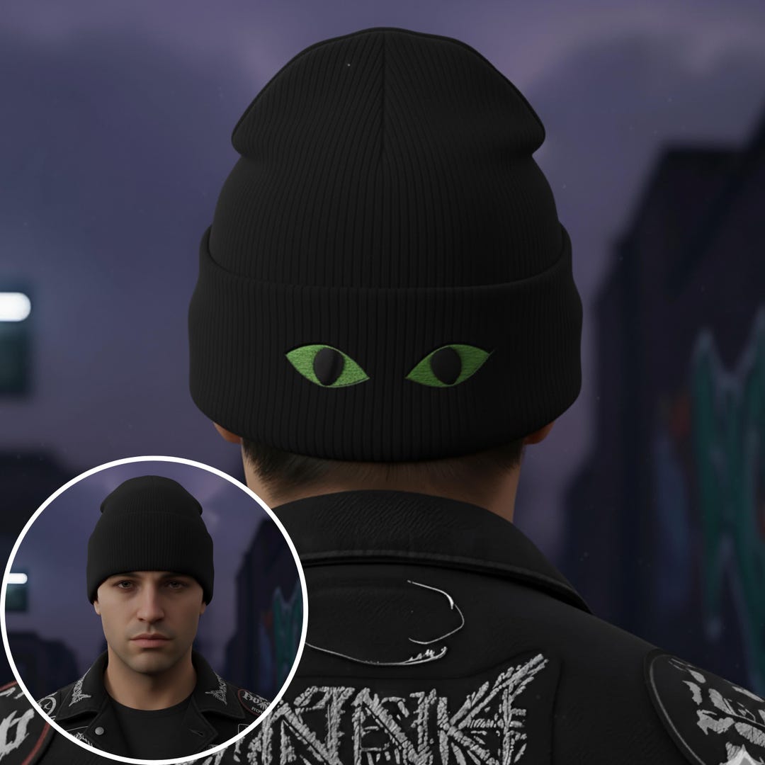 Embroidered Ninja Eyes Beanie Hat Knit Cuffed Winter Cap