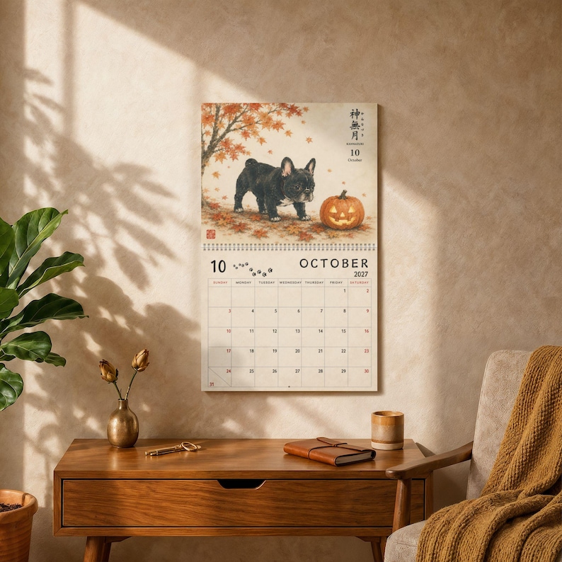 2027 French Bulldog Wall Calendar, Frenchie Calendar, Japanese Art Dog Calendar, Vintage Ukiyo-e Inspired Decor, Dog Lover Gift image 3