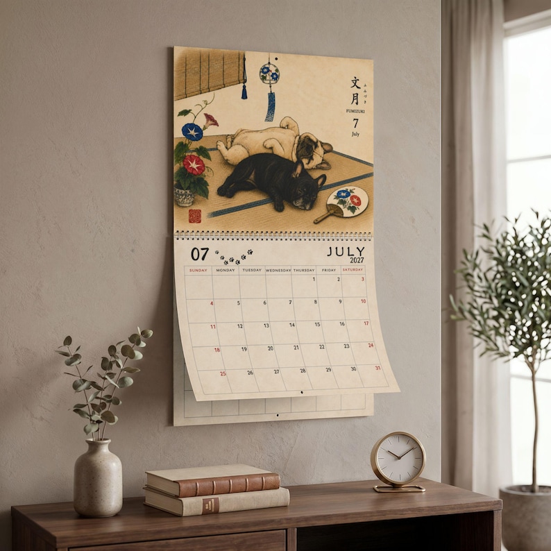 2027 French Bulldog Wall Calendar, Frenchie Calendar, Japanese Art Dog Calendar, Vintage Ukiyo-e Inspired Decor, Dog Lover Gift image 2