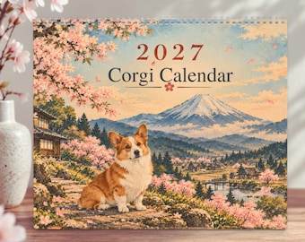 2027 Corgi Wall Calendar, Japanese Seasons, Vintage Japanese Art, Pembroke Welsh Corgi Gift, Dog Lover Calendar