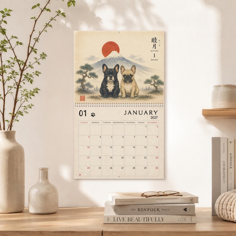 2027 French Bulldog Wall Calendar, Frenchie Calendar, Japanese Art Dog Calendar, Vintage Ukiyo-e Inspired Decor, Dog Lover Gift image 5