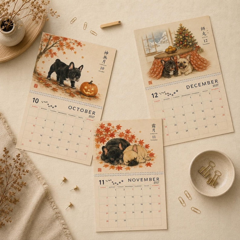 2027 French Bulldog Wall Calendar, Frenchie Calendar, Japanese Art Dog Calendar, Vintage Ukiyo-e Inspired Decor, Dog Lover Gift image 13