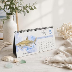 2027 Shark Desktop Calendar, Watercolor Ocean Desk Calendar, Marine Life Calendar, Shark Lover Gift, Coastal Office Decor image 4