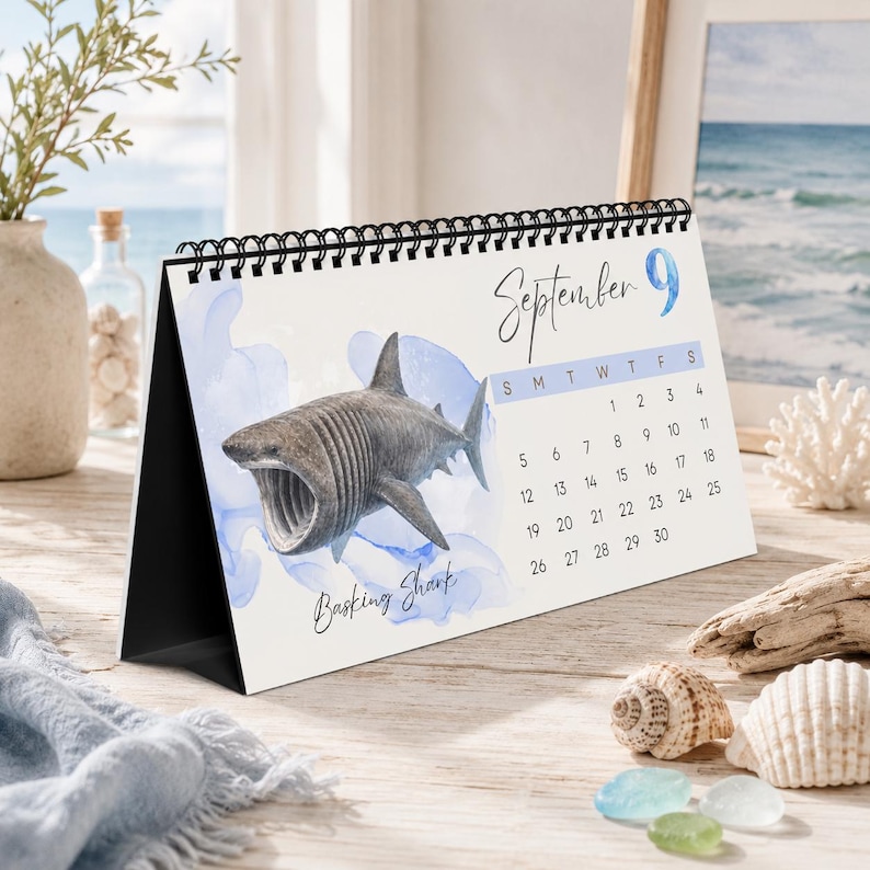 2027 Shark Desktop Calendar, Watercolor Ocean Desk Calendar, Marine Life Calendar, Shark Lover Gift, Coastal Office Decor image 2