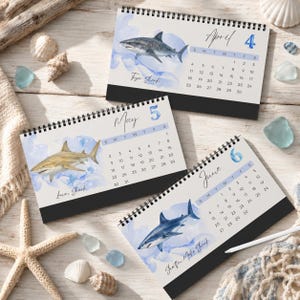 2027 Shark Desktop Calendar, Watercolor Ocean Desk Calendar, Marine Life Calendar, Shark Lover Gift, Coastal Office Decor image 6