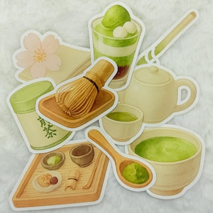 Matcha Aesthetic Sticker Pack – Japanese Tea Ceremony, Whisk, Green Tea, Dessert, and Sakura Illustration Stickers