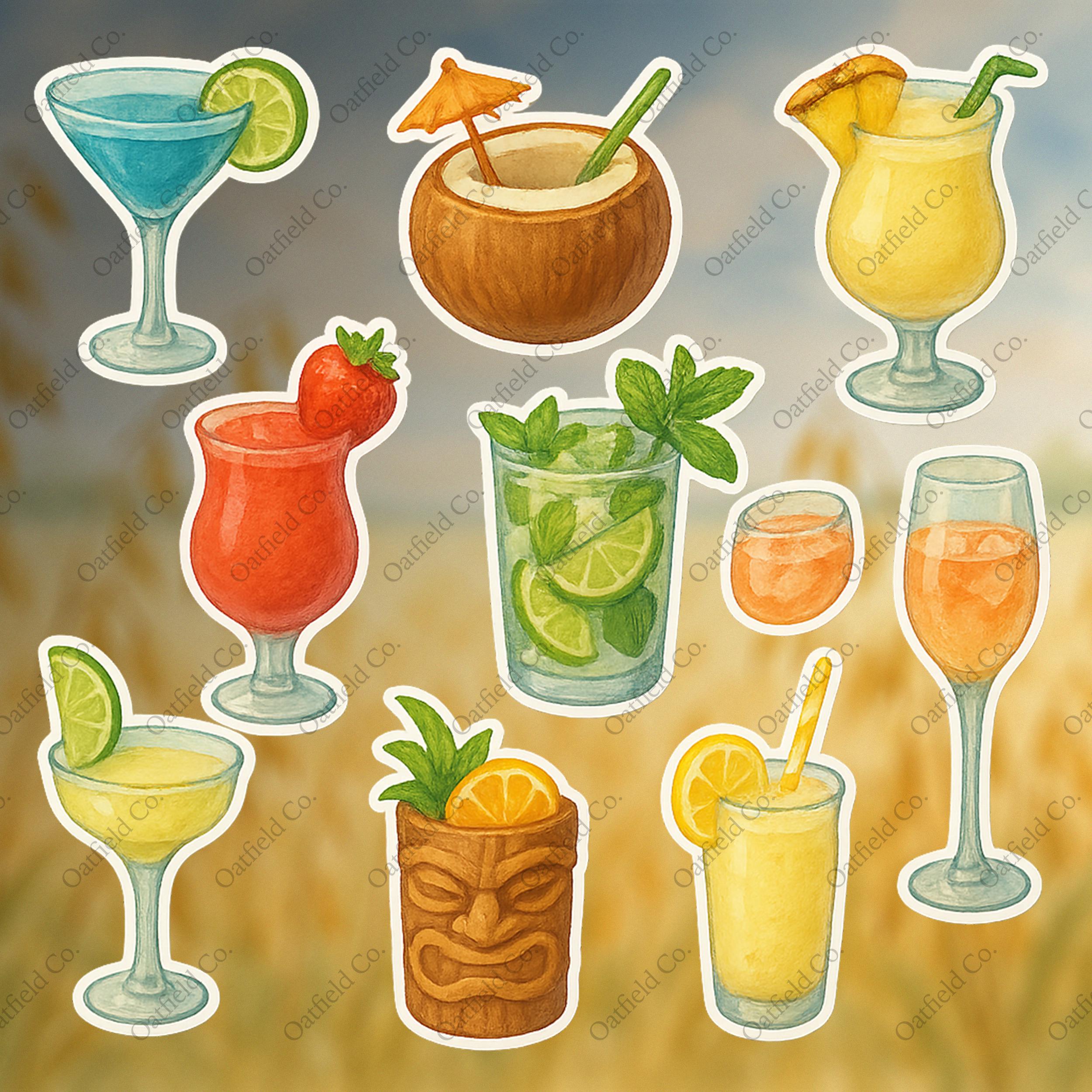 Tropical Cocktail Sticker Pack – Watercolor Drink Stickers for Summer ...