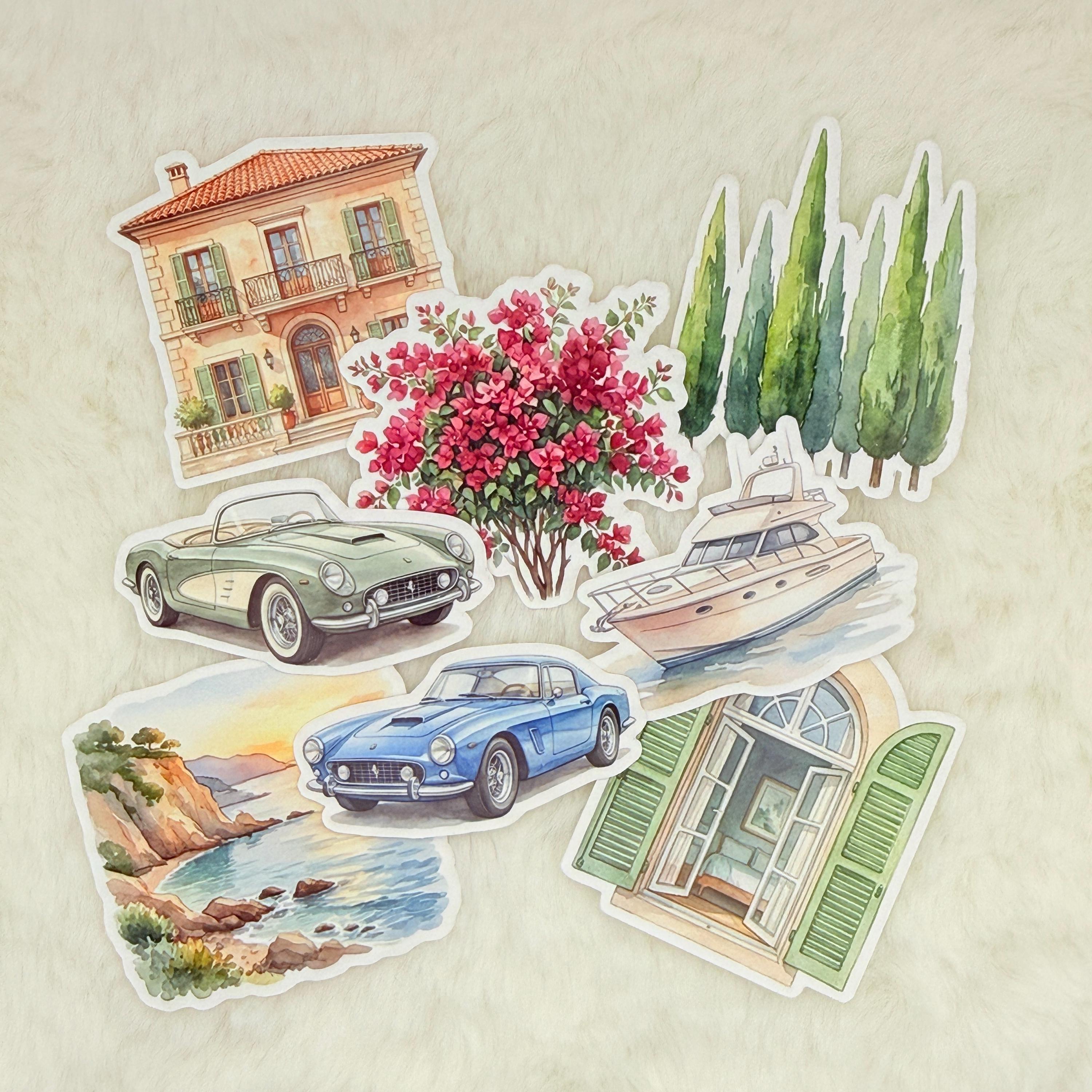 Italian Riviera Sticker Italian Riviera Sticker Pack, Vintage Travel Scenes, Coastal Villas ...