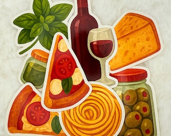 Puede incluir: Un conjunto de pegatinas ilustradas con comida y bebida italianas. Incluye porciones de pizza, una botella de vino tinto, una copa de vino, queso, aceitunas, pesto y pasta. También hay hojas de albahaca verde.