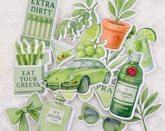 Green Aesthetic Sticker Pack – Glossy Cocktail, Fashion & Garden Vibes