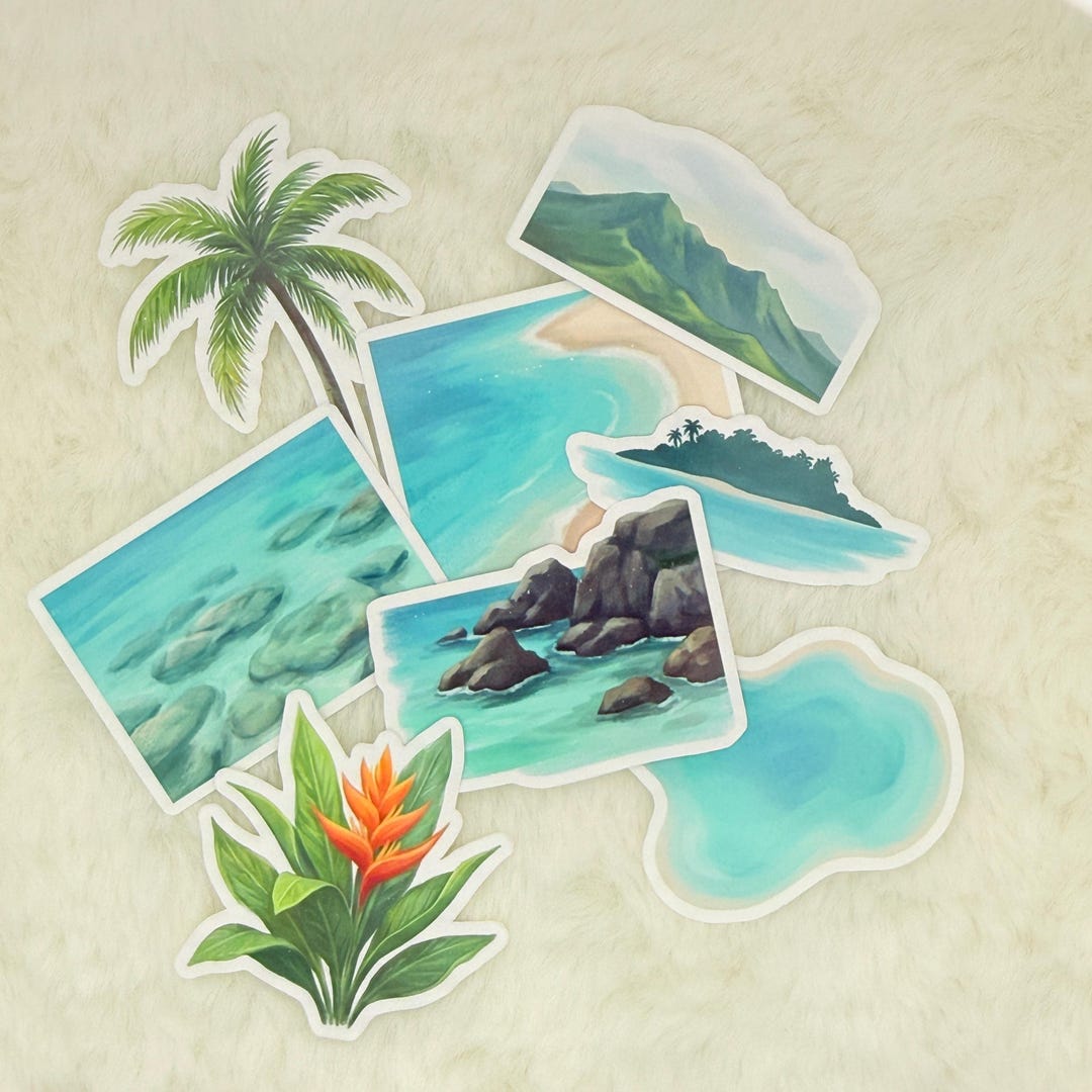 Tropical Island Sticker Pack, Beach Palms Ocean Scenes, Summer Travel ...