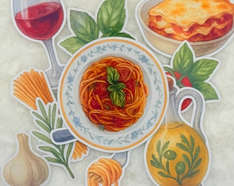 Watercolor Italian Food Sticker Pack: Pasta, Wine, & Garlic