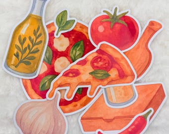 Puede incluir: Un conjunto de pegatinas ilustradas de colores que representan una botella de aceite de oliva, un tomate, un diente de ajo, un chile rojo y dos rebanadas de pizza. Las rebanadas de pizza están cubiertas con queso, albahaca y tomate.
