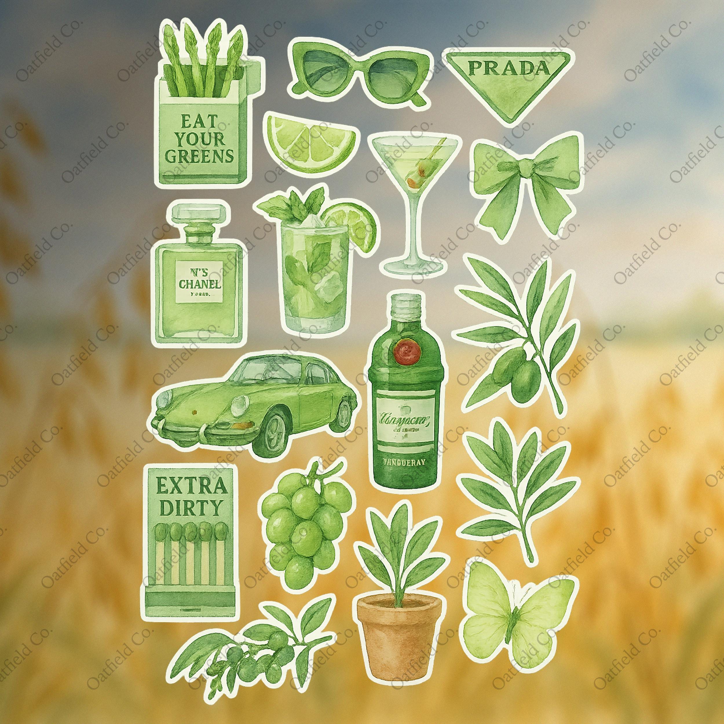 Green Sticker Pack – Watercolor Car, Cocktails, Perfume - Etsy
