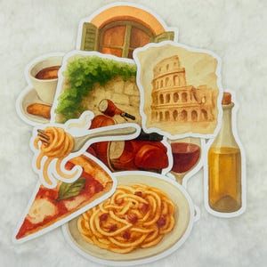 Paquete de pegatinas de viaje a Roma: Comida italiana, Vespa, Coliseo - Pegatinas brillantes