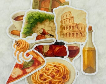 Rome Travel Sticker Pack: Italian Food, Vespa, Colosseum - Glossy Stickers