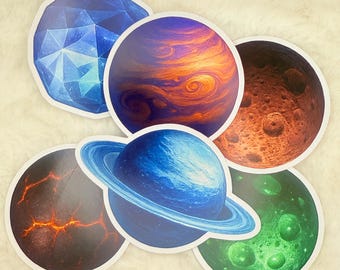 May include: A collection of six round stickers featuring colorful illustrations of planets. The stickers depict planets with various textures and colors, including blue, orange, red, and green. The stickers have a white border.