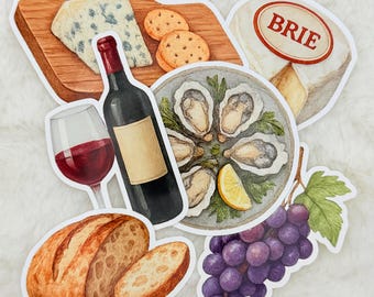 Puede incluir: Ilustración en acuarela de elementos de vino y queso. Incluye una botella de vino tinto, una copa de vino tinto, queso Brie, queso azul, uvas, ostras, pan y galletas.