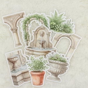 May include: Watercolor stickers featuring garden elements. Includes a fountain with a lion's head, arches, potted plants, and ferns. The stickers have a soft, muted color palette of beige, green, and brown, evoking a vintage aesthetic.