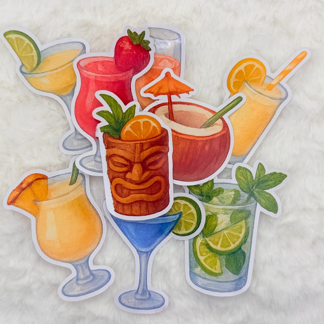 Cocktail Hour Sticker Tropical Cocktail Sticker Pack – Watercolor Drink Stickers for Summer ...