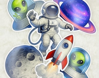 Paquete de pegatinas espaciales: astronauta, cohete, extraterrestre y planeta. Resistente al agua y brillante.