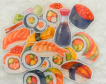 May include: A collection of colorful sushi and sashimi stickers, including nigiri, maki, and sashimi, with a bottle of soy sauce. The stickers are painted in a watercolor style and feature realistic details.