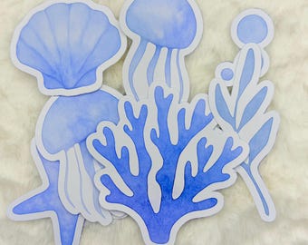 Watercolor Ocean Sticker Pack: Glossy Jellyfish, Coral, Seashells