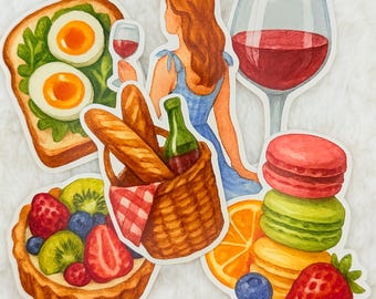 Puede incluir: Pegatinas de acuarela con ilustraciones temáticas de picnic. Incluye una mujer con un vestido azul, una copa de vino tinto, una cesta con pan y una botella, una tarta con fruta, un sándwich con huevos y macarons.