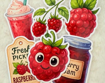 Raspberry Sticker Pack: Watercolor Fruit Stickers - Glossy Stickers