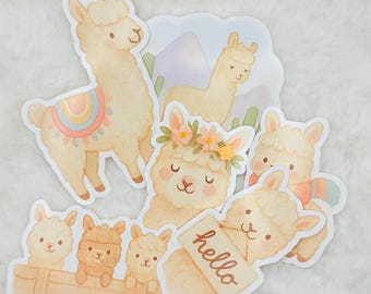 Pastel Alpaca Sticker Pack: Kawaii Llama, Cactus, Waterproof - Glossy Stickers