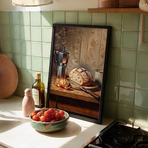 Rustic Kitchen Canvas Art: Vintage Coffee Maker & Bread Still Life
