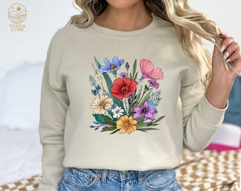 Retro Wildflower Sweatshirt, Botanical Floral Hoodie, Gardening Hoodie