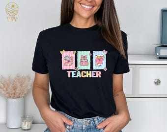 Colorful Back To School Teacher T-Shirt, Floral Design