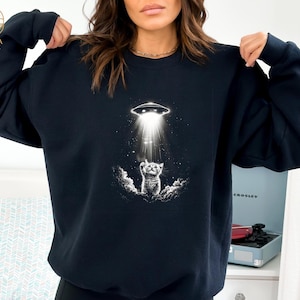 UFO Cat Sweatshirt, Funny Cat Alien Hoodie, Cat Lover Gift, Black Cat Lovers Sci Fi Fun Crewneck Gift for Her Him, Imagination Sweatshirt