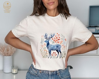 Norwegian Reindeer Floral Tee, Scandinavian Folk Art Christmas Shirt