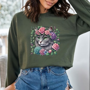 Cute Floral Cat Portrait Sweatshirt, Funny Cat Hoodie, Cat Lover Gift, Cat Mom Hoodie, Cat Owner Gifts, Cat Theme Hoodie, Floral Hoodie
