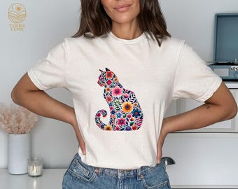 Floral Cat Shirt, Animal Lover Tee, Cat Lovers Gift