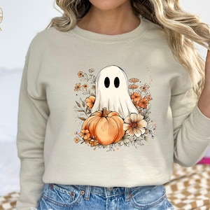 Floral Ghost Halloween Sweatshirt, Cute Pumpkin Ghost Sweatshirt, Fall Ghost Hoodie, Spooky Season Shirt, Ghost Hoodie, Halloween Sweatshirt