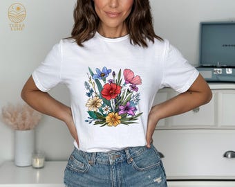 Watercolor Wildflower Shirt, Retro Floral Tee, Gift for Women, Gardening Tee