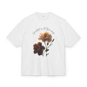 Maglietta a fiori, t-shirt unisex vintage in cotone pesante color sabbia e oliva, maglietta Beautiful Ways, maglietta beige, t-shirt casual, stampa di fiori da giardino
