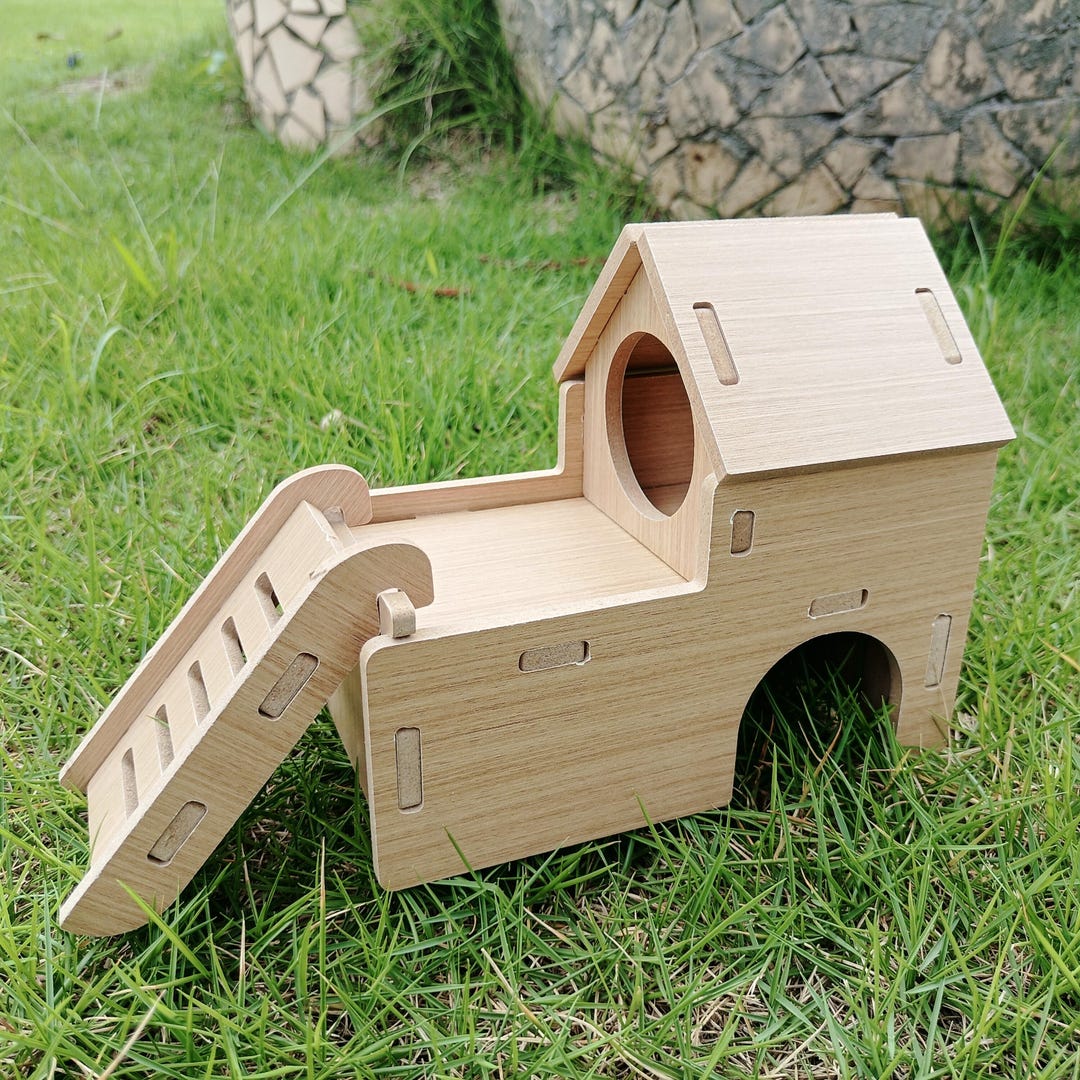 Curated visual reference: Picture Idea: Tiny Hamster Maze Wood House With Slide Hamster Hideout Cage