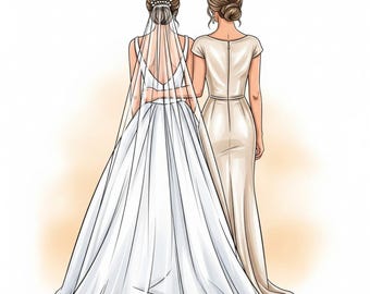 Bridesmaid Clipart Bundle, Maid of Honor Illustration, Wedding Party women PNG, Bridal Party Girls Back View, Wedding Planner Graphics,