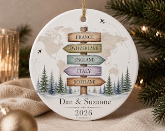 Personalized Travel Ornament, Custom Countries Visited Gift, Adventure Couple Ornament, World Traveler Christmas Keepsake, Destination Sign