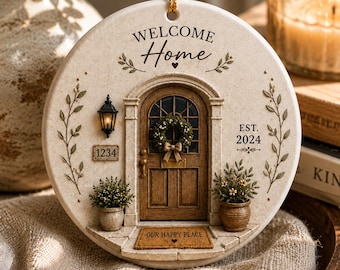 May include: A round, cream-colored ornament with a miniature house facade. The design includes a wooden door, a wreath, potted plants, and the text "WELCOME Home" and "OUR HAPPY PLACE". A gold string is attached for hanging.