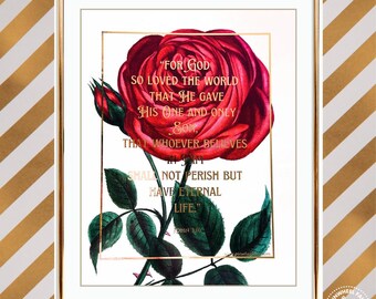 Cottagecore Garden Art Rose Print with Scripture – Vintage Red Rose Garden Decor Bible Verse John 3:16