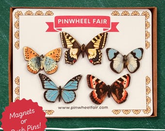 Butterfly Fridge Magnets Set | Nature Lover Push Pins Set | Antique Entomology Desk Decor | Rare Earth Magnets or Pins
