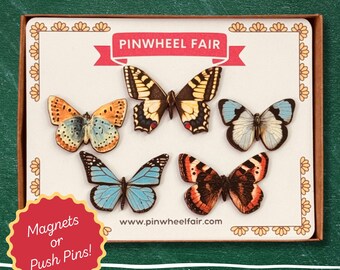 Butterfly Fridge Magnets Set | Nature Lover Push Pins Set | Antique Entomology Desk Decor | Rare Earth Magnets or Pins
