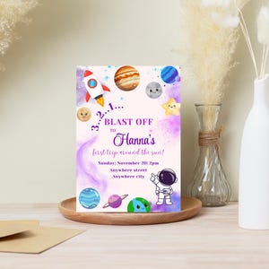 EDITABLE Space Birthday Party Invitation, First trip around the sun, Planets Rocket Astronaut Invitation Printable Template Digital Download