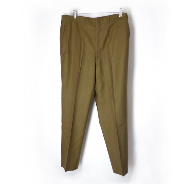 Dark Olive Pants, 34 x 30, Vintage Flat Front Slacks, High Waist, 1960s